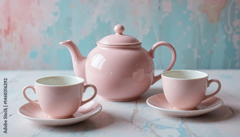 Fototapeta premium Charming Pink Tea Set on a Marble Surface With Pastel Background in a Cozy Setting