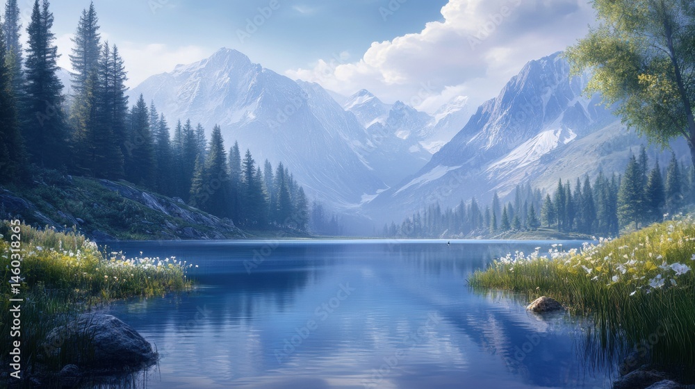 Serene mountain lake landscape reflecting a peaceful sky. Serene mountain lake landscape reflecting a peaceful sky.