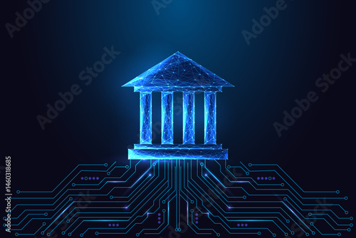 Digital governance and smart institution concept with glowing building and circuit board, vector