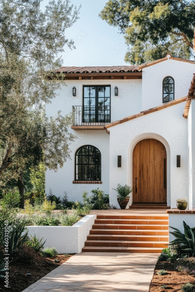 Fototapeta premium An elegant white villa featuring a charming wooden door gracefully surrounded by lush greenery, all set in a peaceful and serene daytime environment