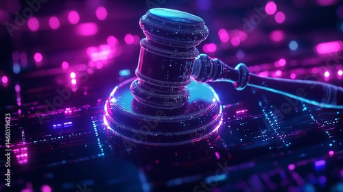 Cyber law gavel digital justice neon lights abstract technology 3d pink blue dark glow data code
