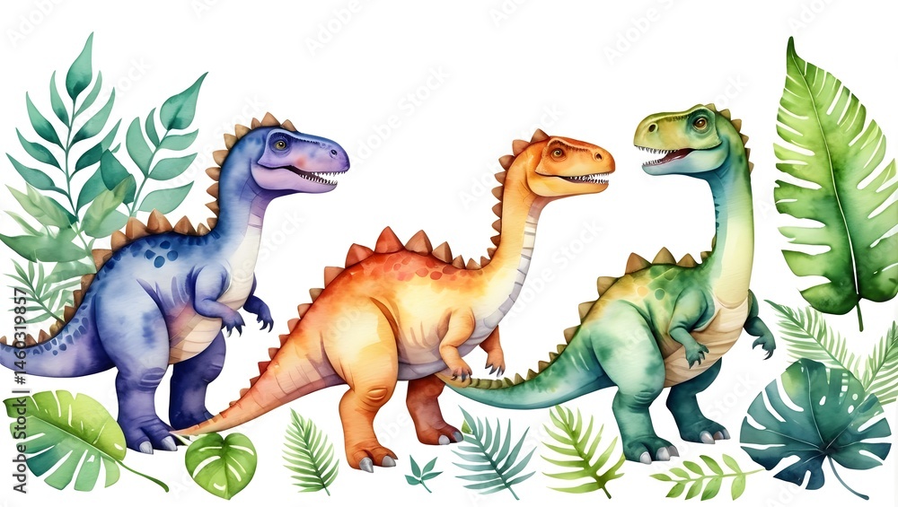 Obraz premium Colorful Dinosaurs in a Lush Prehistoric Environment