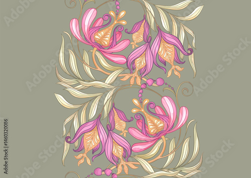 Fantasy flowers in retro, vintage, jacobean embroidery style. Seamless pattern, background. Vector illustration.