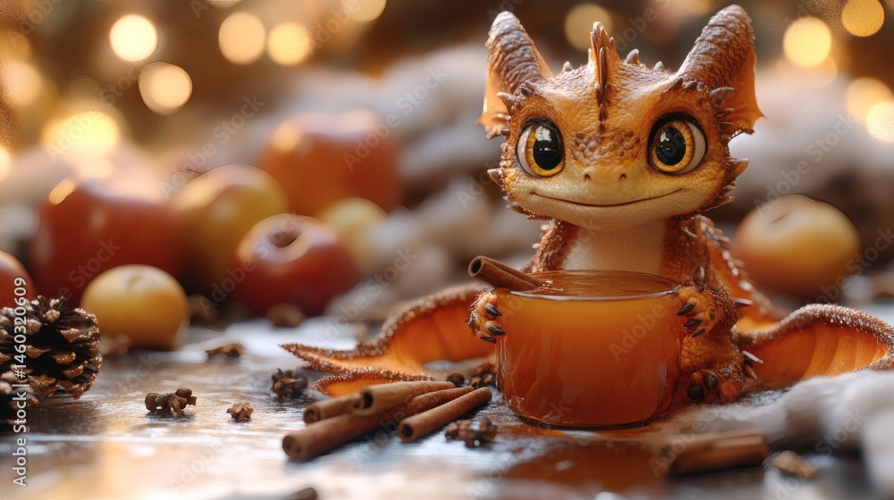 Cozy Still Life Featuring a Baby Dragon with Golden Eyes and a Glass of Spiced Cider on a Festive Table Cozy Still Life Featuring a Baby Dragon with Golden Eyes and a Glass of Spiced Cider on a Festive Table