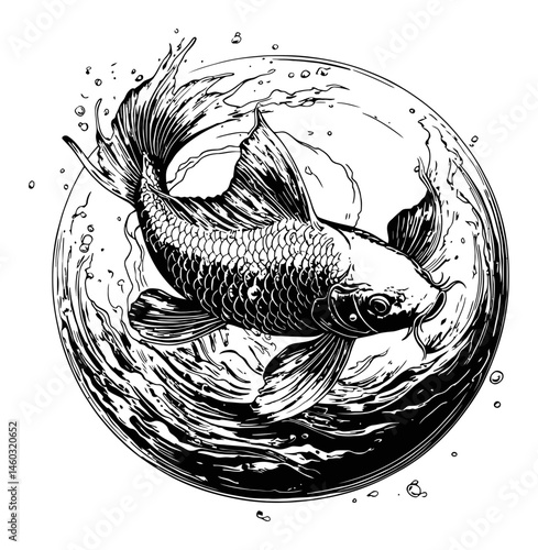 Black and White Illustration of Koi Fish in Circular Wave Design
