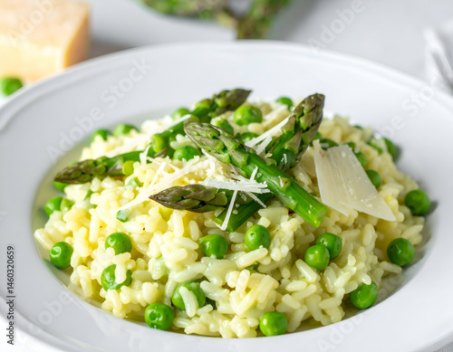 Creamy Asparagus And Pea Risotto On A White Plate
