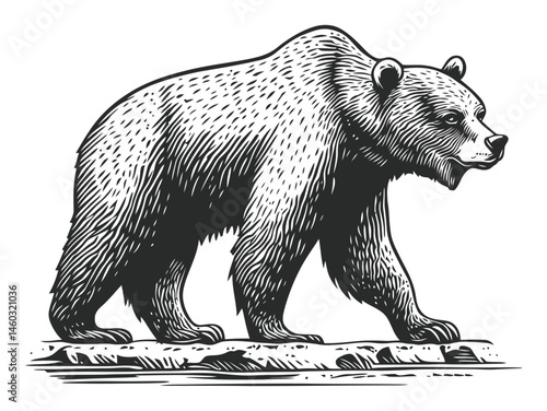 Detailed Black and White Illustration of a Grizzly Bear Walking