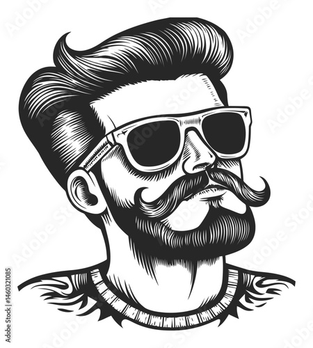 Vintage Style Illustration of Cool Man with Beard and Sunglasses