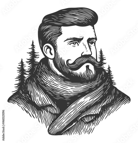 Vintage Gentleman with Mustache and Scarf Surrounded by Trees