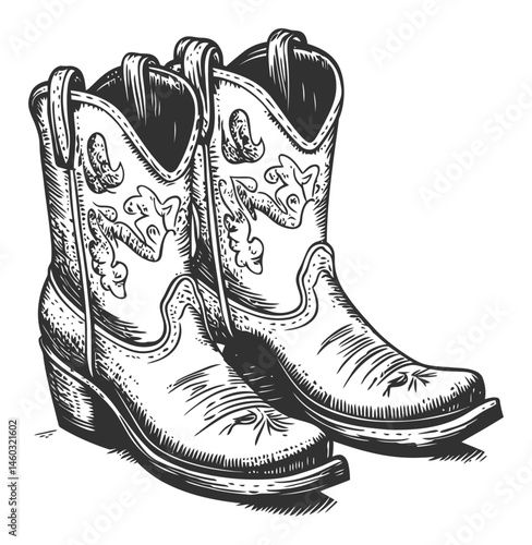 Vintage Cowboy Boots Detailed Illustration in Black and White