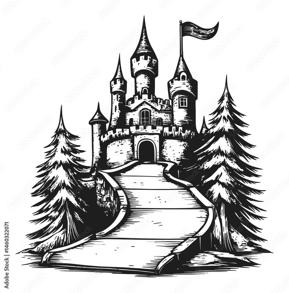 Fototapeta premium Detailed Black and White Castle Illustration with Trees and Pathway