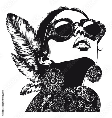 Elegant Black and White Illustration of a Fashionable Woman's Portrait
