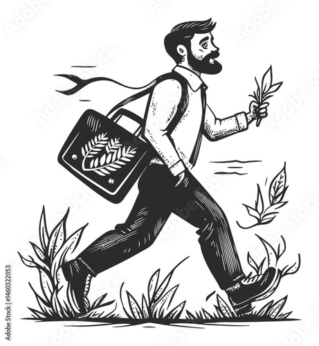 Vintage Style Illustration of Man Collecting Leaves Outdoors