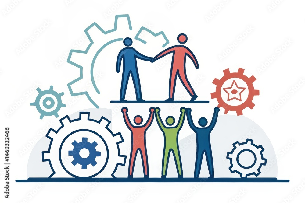 Team Collaboration Symbolism with Gears and People in Partnership Team Collaboration Symbolism with Gears and People in Partnership