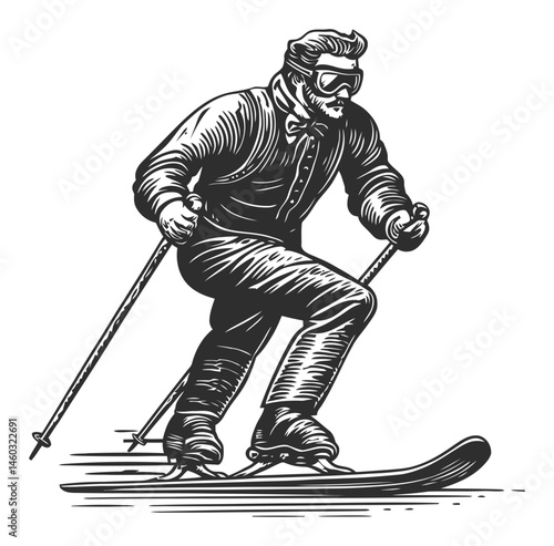 Vintage Ski Illustration of Man in Formal Attire Skiing Downhill