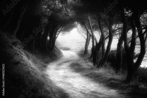 Spooky black and white forest tunnel with fog