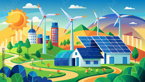 A digital depiction of wind turbines and solar panels, conveying the concept of sustainable energy, renewable resources and green technology solutions for the future