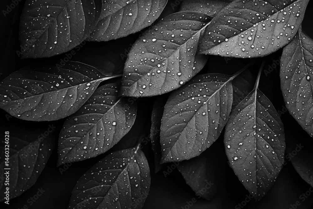 Obraz premium Black and white photo of textured leaves with deep shadows