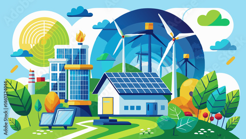 A digital depiction of wind turbines and solar panels, conveying the concept of sustainable energy, renewable resources and green technology solutions for the future