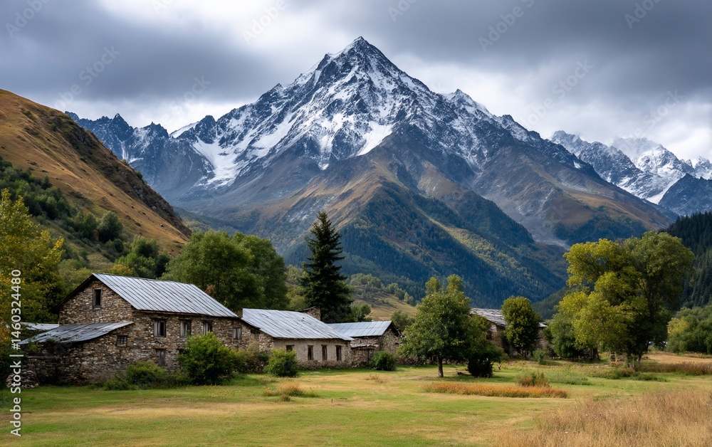 Obraz premium Stone dwellings beneath snowy mountain peaks