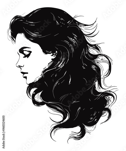 Elegant Black and White Illustration of a Woman's Profile with Hair
