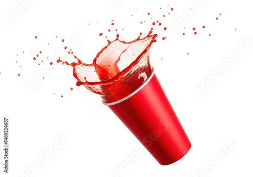 Red beverage splash in cup still life studio shot product photo on transparent background