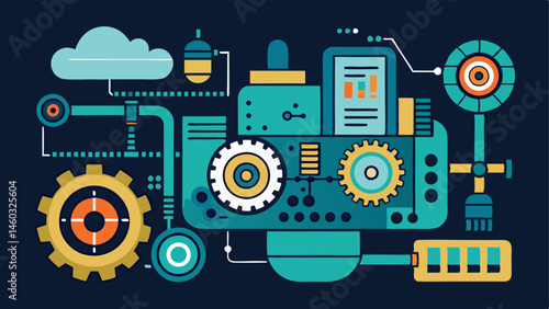 Industrial Machine A detailed vector of a complex industrial machine with digital overlays highlighting its components like gears and sensors illustrating its digital twin.