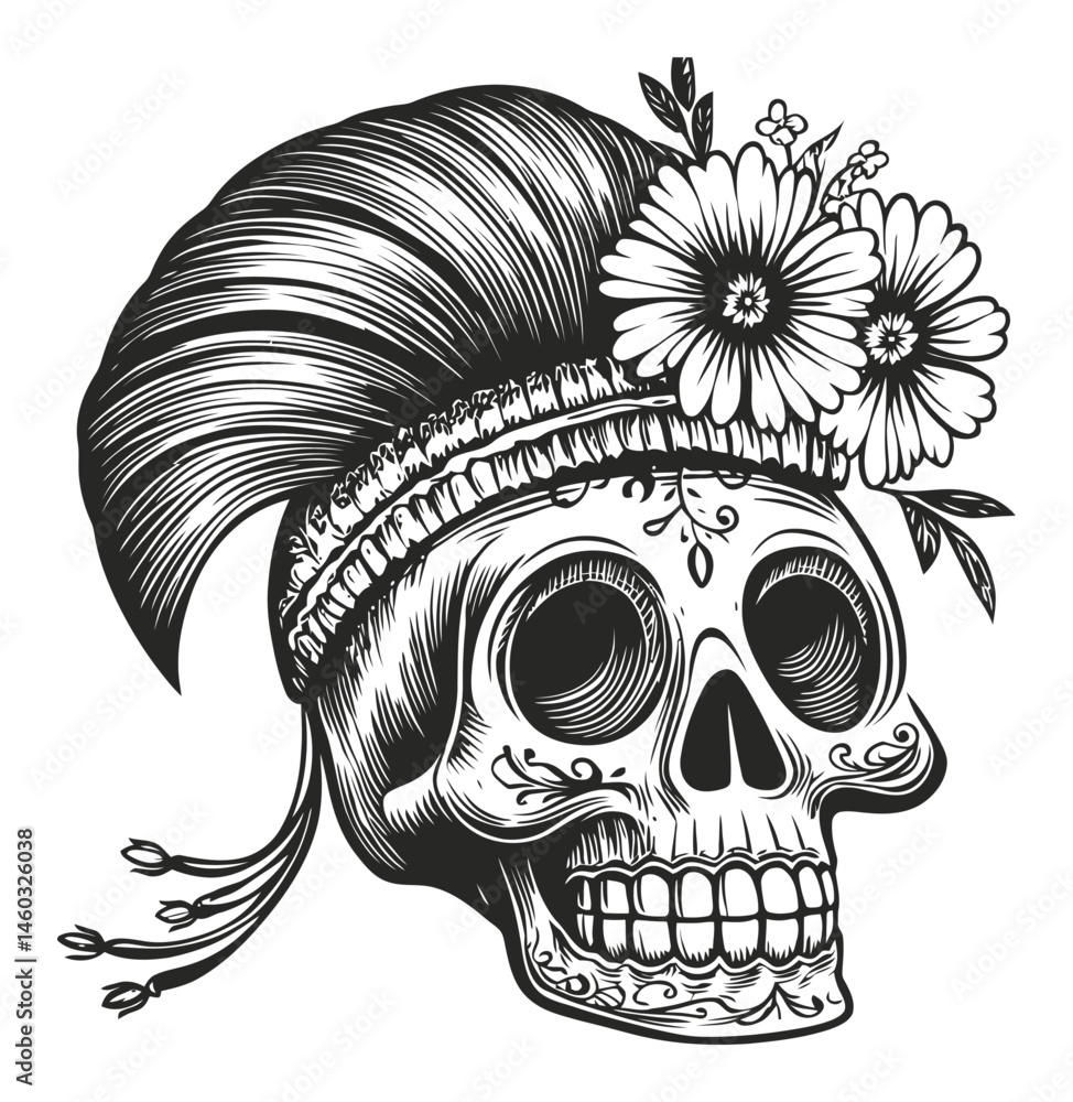 Fototapeta premium Skull Illustration with Flowers and Roman Helmet Design