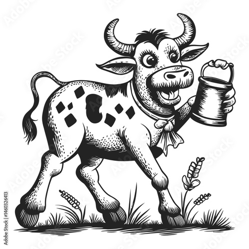 Cheerful Cartoon Cow Carrying Milk Can in Vintage Style Illustration