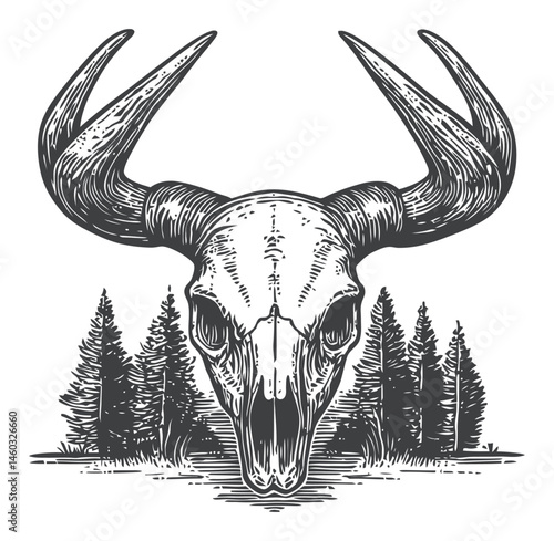 Detailed Illustration of a Deer Skull Surrounded by Pine Trees