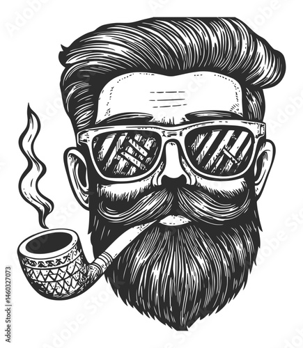 Vintage Illustration of a Hipster Man with Glasses and Pipe