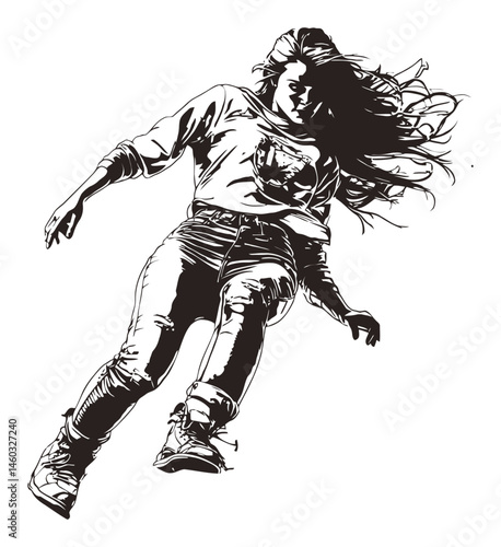 Dynamic Black and White Illustration of a Woman in Motion
