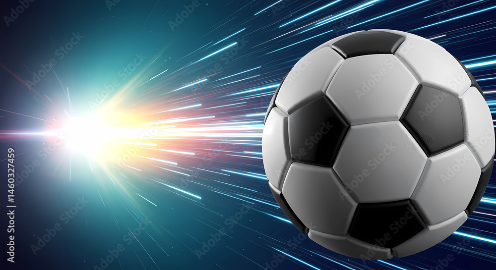 Naklejka premium A football, against a digital drawing background depicting rapid movement in a cosmic and abstract space