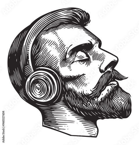 Vintage Illustration of a Man with Headphones in Profile View