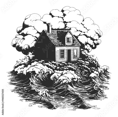 House Surrounded by Waves and Clouds in Monochrome Illustration