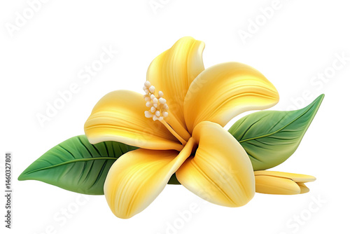 Stunning yellow hibiscus flower with green leaves on 3d art soft life on transparent background