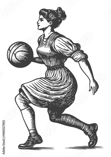 Vintage Illustration of Woman Playing Basketball in 1920s Style