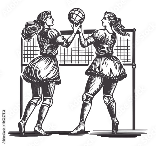 Vintage Illustration of Two Women Playing Volleyball at Net