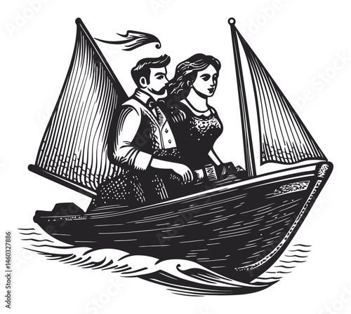 Vintage Sailing Illustration of a Couple on a Small Boat