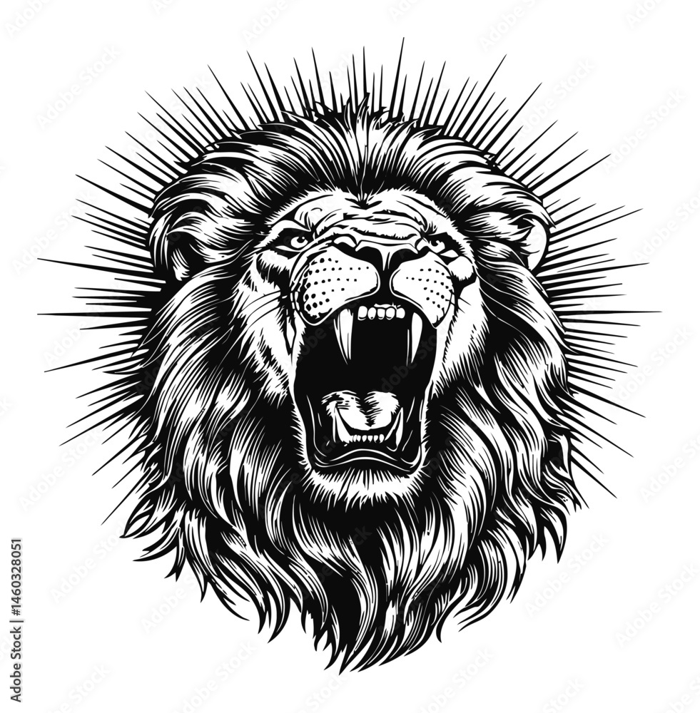 Fierce Lion Head with Radiating Lines in Black and White Illustration Fierce Lion Head with Radiating Lines in Black and White Illustration