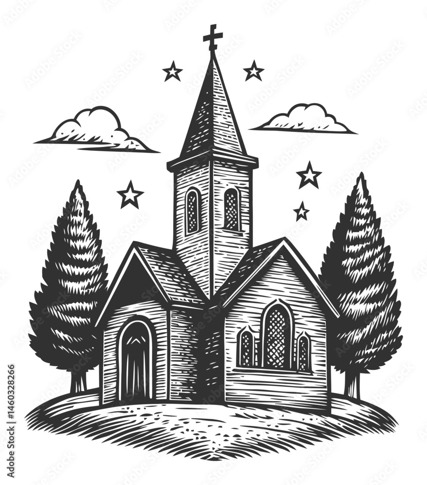 Fototapeta premium Vintage Hand-Drawn Church Illustration with Stars and Trees
