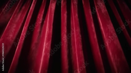 Close up view of a red velvet curtain with vertical folds and dark shadows