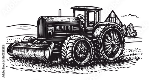 Antique Tractor Illustration in Rustic Farm Landscape Style