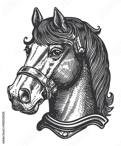 Vintage Detailed Illustration of a Horse Head with Bridle Design