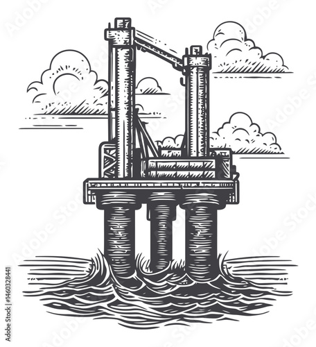 Detailed Illustration of Offshore Oil Rig with Clouds and Waves