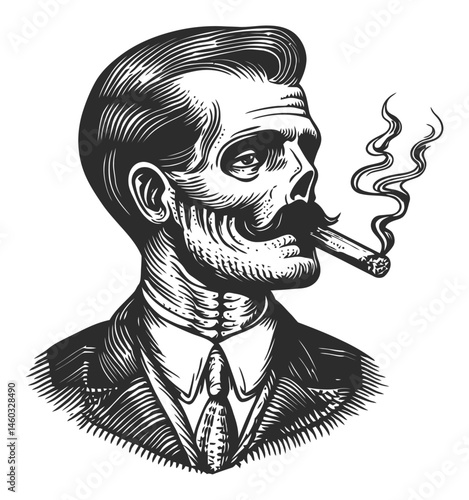 Vintage Skeleton Man in Suit with Cigarette and Smoke Illustration