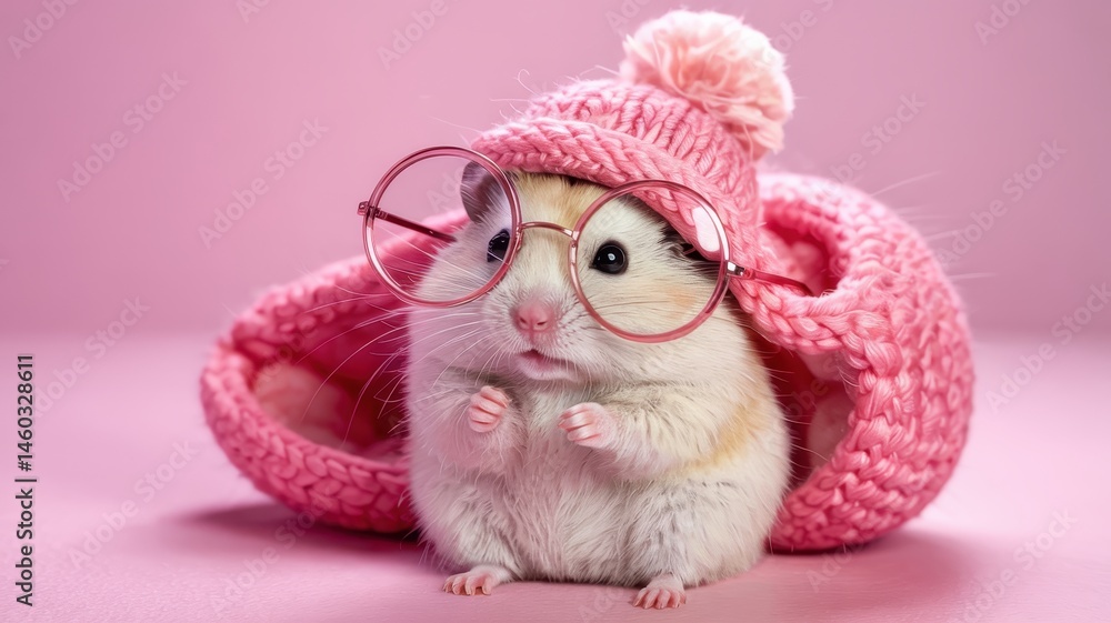 Naklejka premium Hamster in Pink Sleeping Basket Wearing Glasses on Solid Background