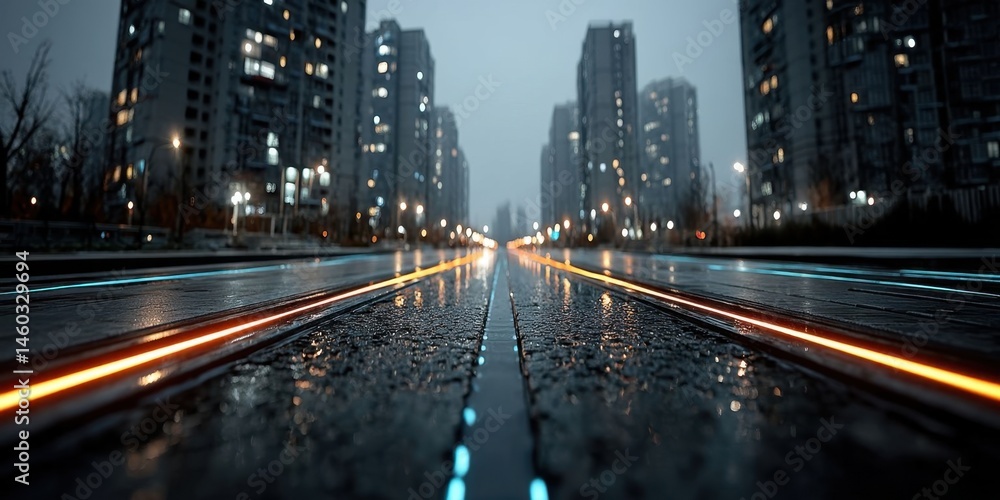 Fototapeta premium Futuristic Cityscape with Glowing Blue Digital Network Lines