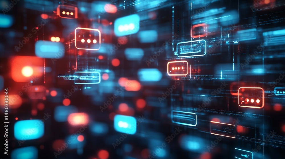 Fototapeta premium Abstract digital communication network red blue data stream web code cyber space light style future