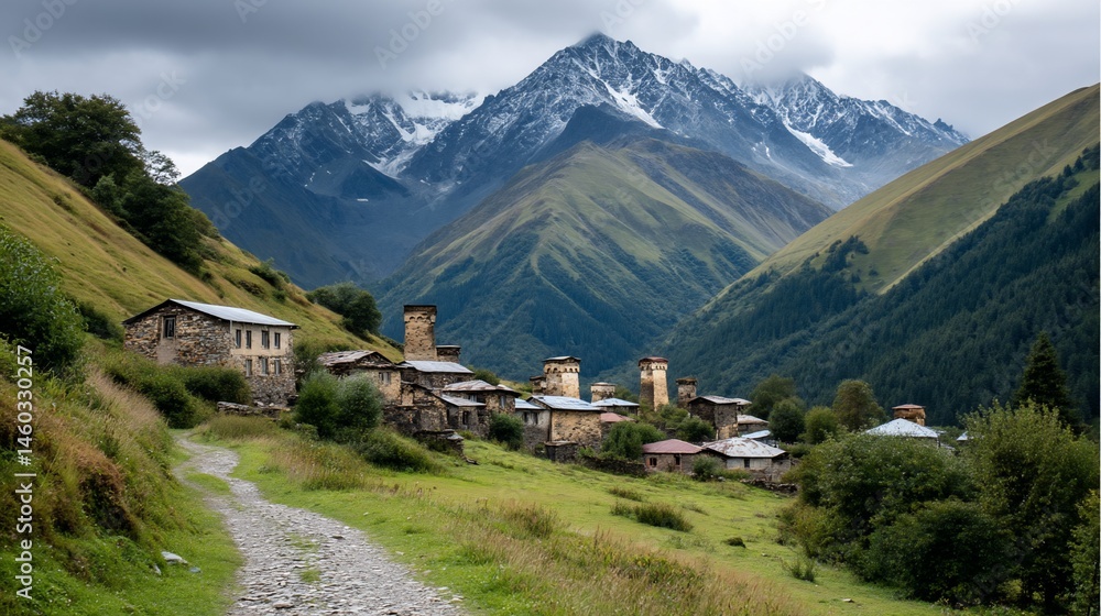 Fototapeta premium Stone village nestled beneath towering peaks